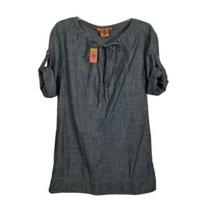 Tory Burch NWT Lyot Chambray Tunic Dress Roll Tab Sleeve Pockets Split V Neck